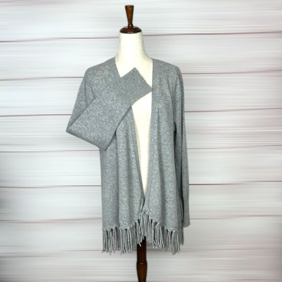 Peck & Peck Cashmere Open Front Cardigan Sweater Gray With Chunky Fringe size XL - Picture 1 of 9
